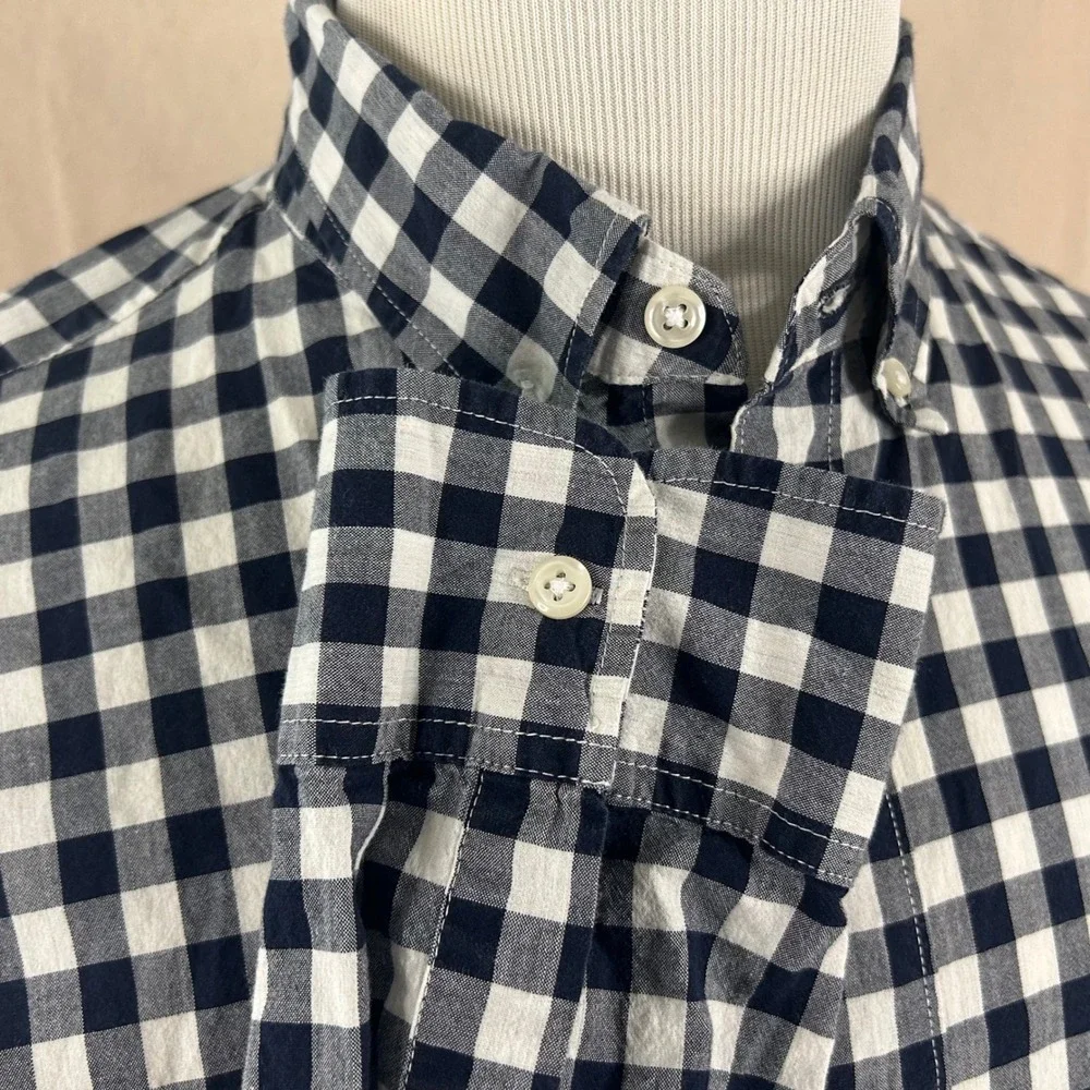 J. Crew Large Slim Secret Wash Button Down Shirt Navy Gingham Stretch Mens